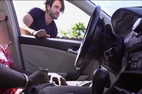 black guy Wacks Off In Car In Public whilst A White dude Watches